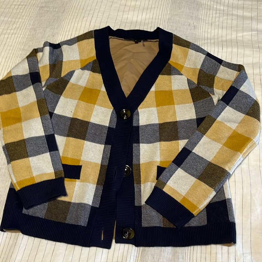 English Factory cardigan. Navy and yellow plaid